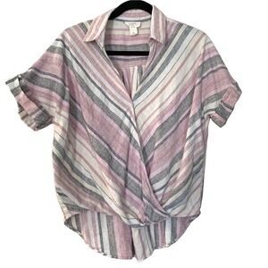 Loft Factory Lounge Striped Linen Blend Surplice Hi Low Short Sleeve Top Medium
